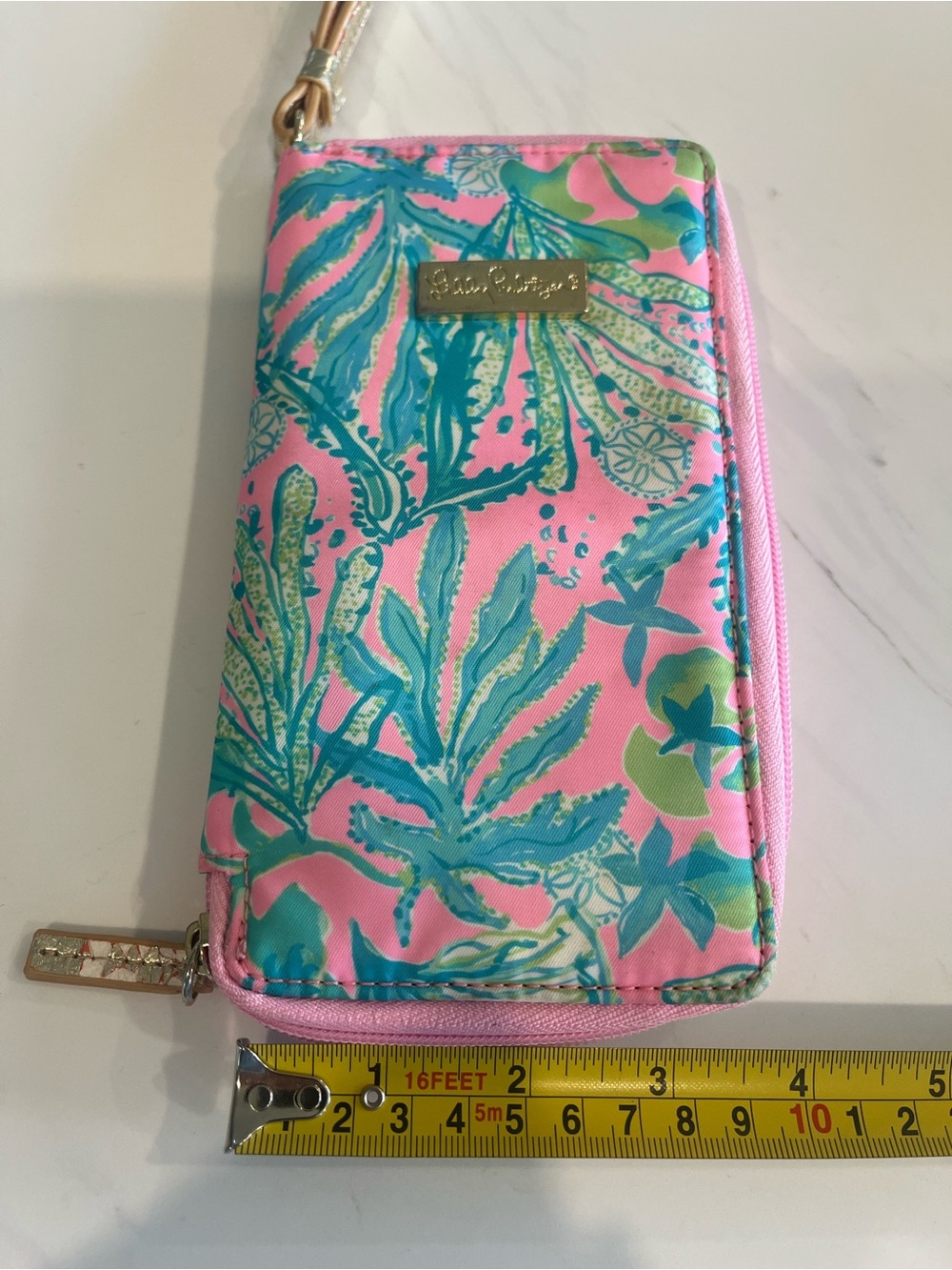Lilly Pulitzer Pink Tropical Print Wristlet Wallet with Gold Strap - Picture 10 of 11